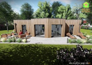 Vue-extérieure-arrière-maison-neuve-ossature-bois-toit-plat-modèle-Évolution-Maisons-à-Vivre