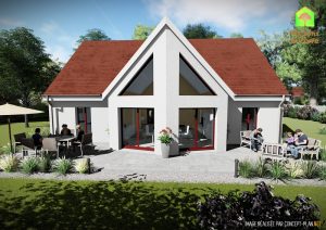 Modèle-de-maison-neuve-Evolution-Actuel-toit-rouge-vue-extérieure-arrière-Maisons-à-Vivre