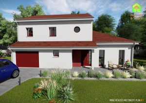 Modèle-de-maison-neuve-Horizon-Actuel-toit-rouge-vue-extérieure-de-face-Maisons-à-Vivre